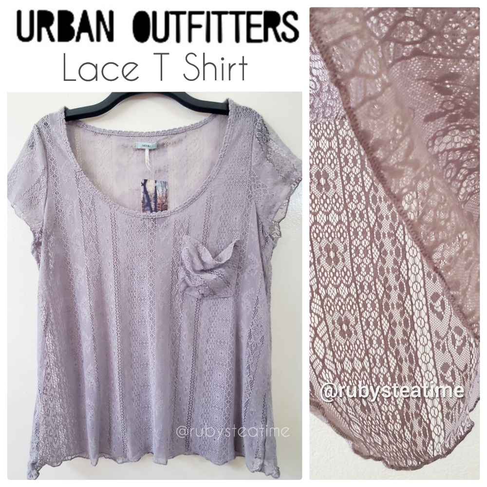 URBAN OUTFITTERS/ KIMCHI BLUE- Gray Lace T Shirt, Short Sleeve, Slouchy Pocket